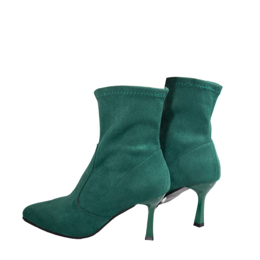 Women's pointed ankle boots with a stiletto heel and suede effect - Green, burgundy, brown