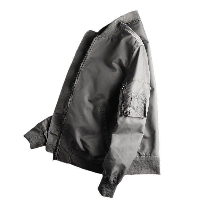 Men's solid-color bomber jacket with zippered pockets