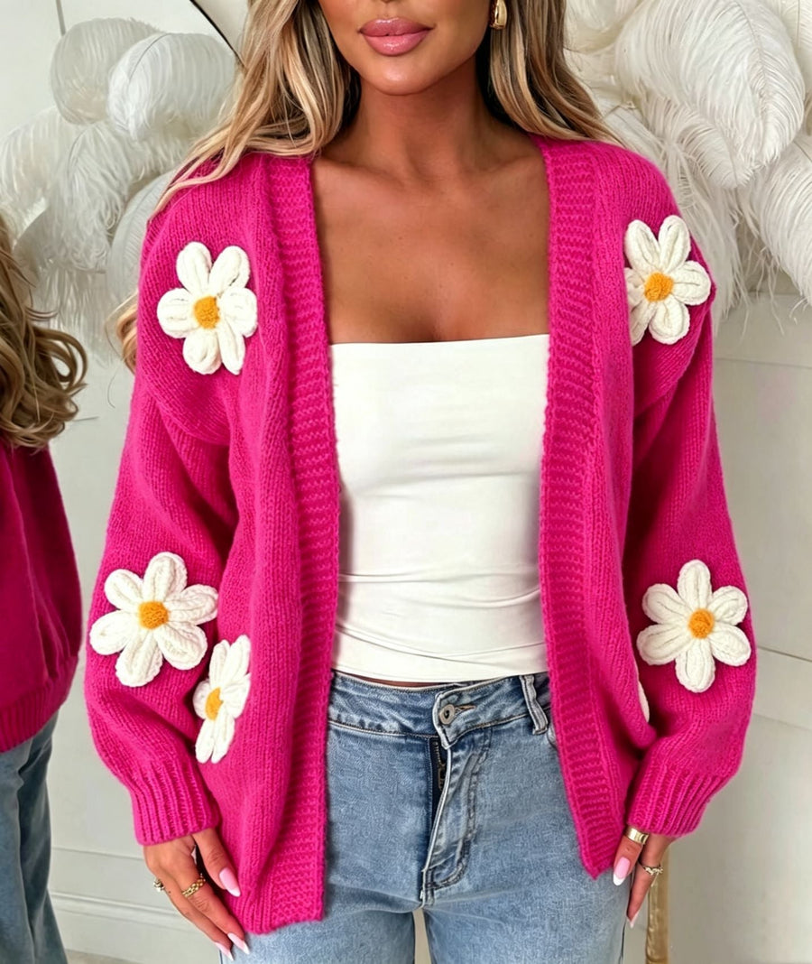 Offene Damen-Strickjacke mit aufgestickten Margeritenmotiven