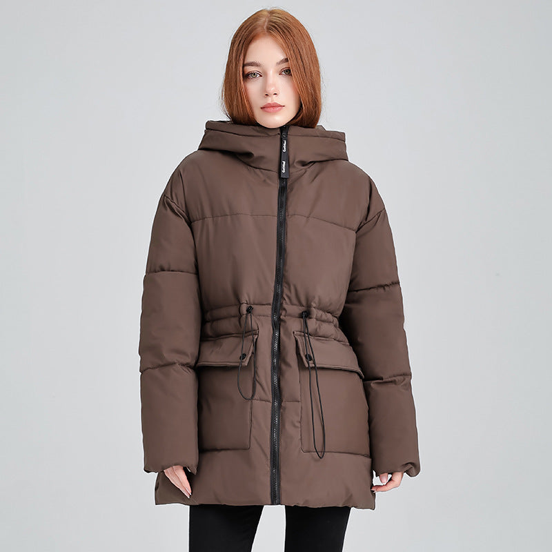 Women's mid-length quilted puffer jacket with hood and drawstring