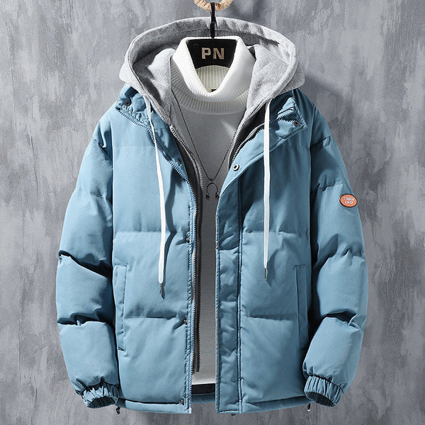 Men's Quilted Puffer Jacket with Removable Hood, Zipper, and Elastic Cuffs, Light Blue