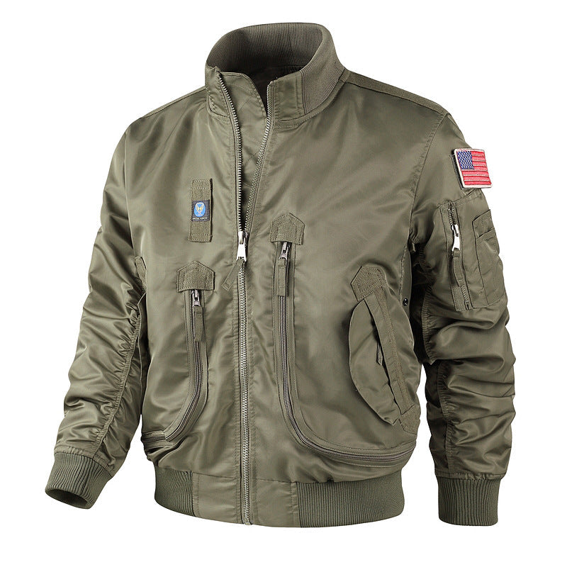 Men's Aviator Jacket with Multiple Pockets and Decorative Patches