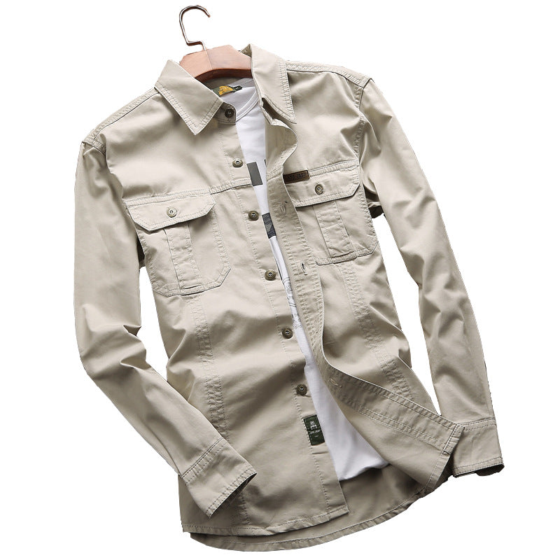 Camisa de hombre de manga larga, corte recto, estilo cargo, con dos bolsillos con solapa