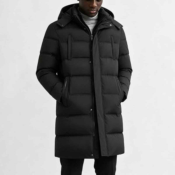 Men's long quilted hooded puffer coat
