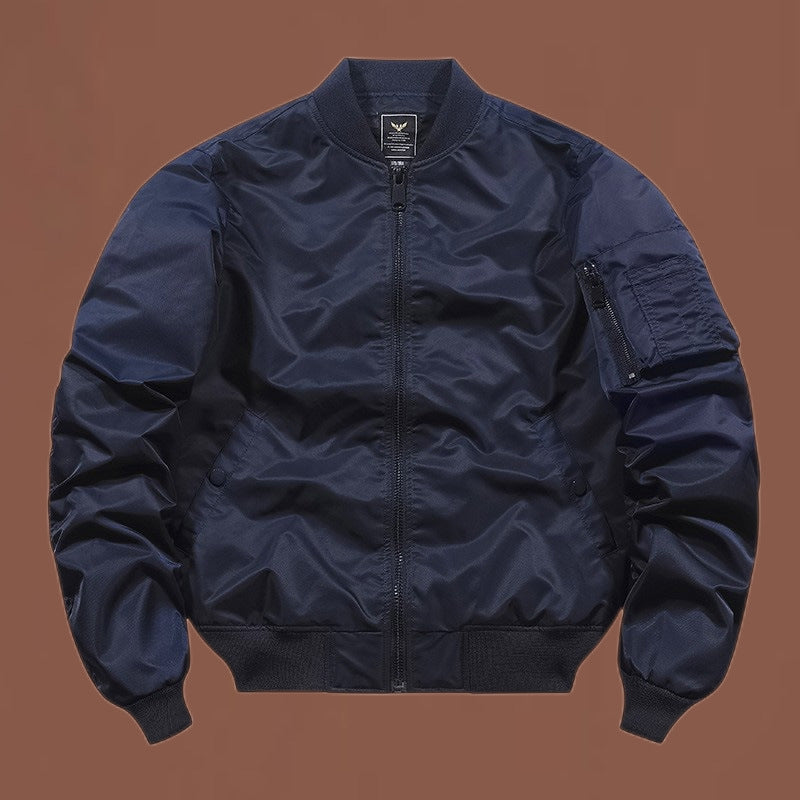 Men's solid-color bomber jacket with zippered pockets