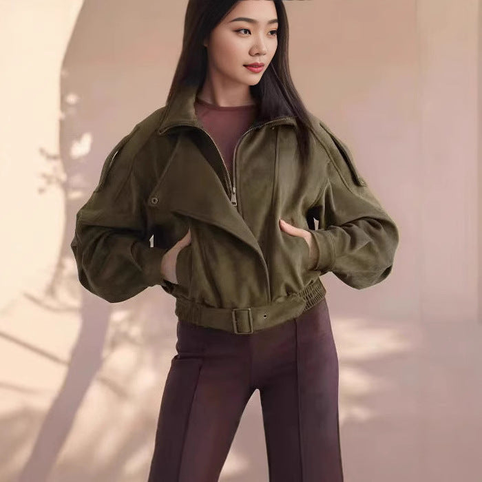 Women's Short Khaki Green Biker-Style Jacket with Belt and Stand Collar