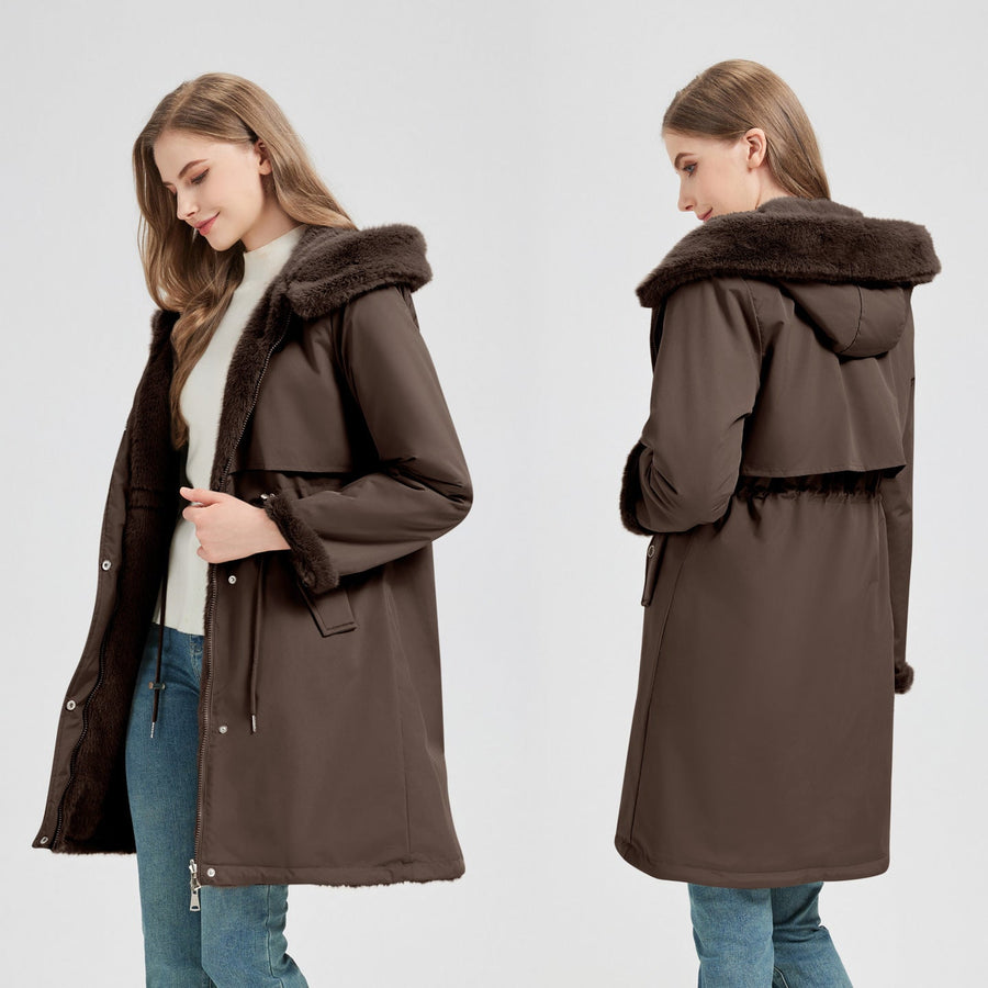 Women's long coat with fur-effect lined hood and adjustable waist