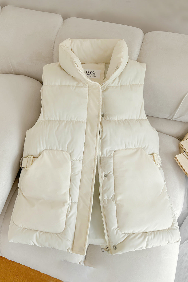 Solid-color quilted puffer vest with a stand collar and side flap pockets