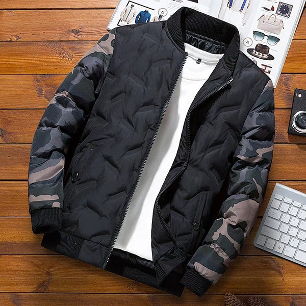 Men's padded two-tone camouflage bomber jacket with ribbed collar and cuffs