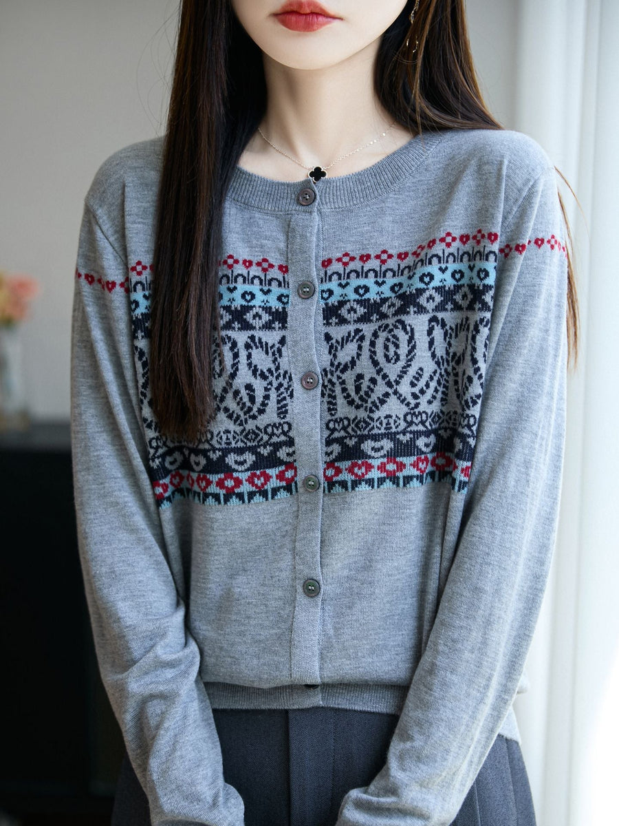 Marineblå cardigan for kvinner med rund hals, geometrisk mønster og knapper