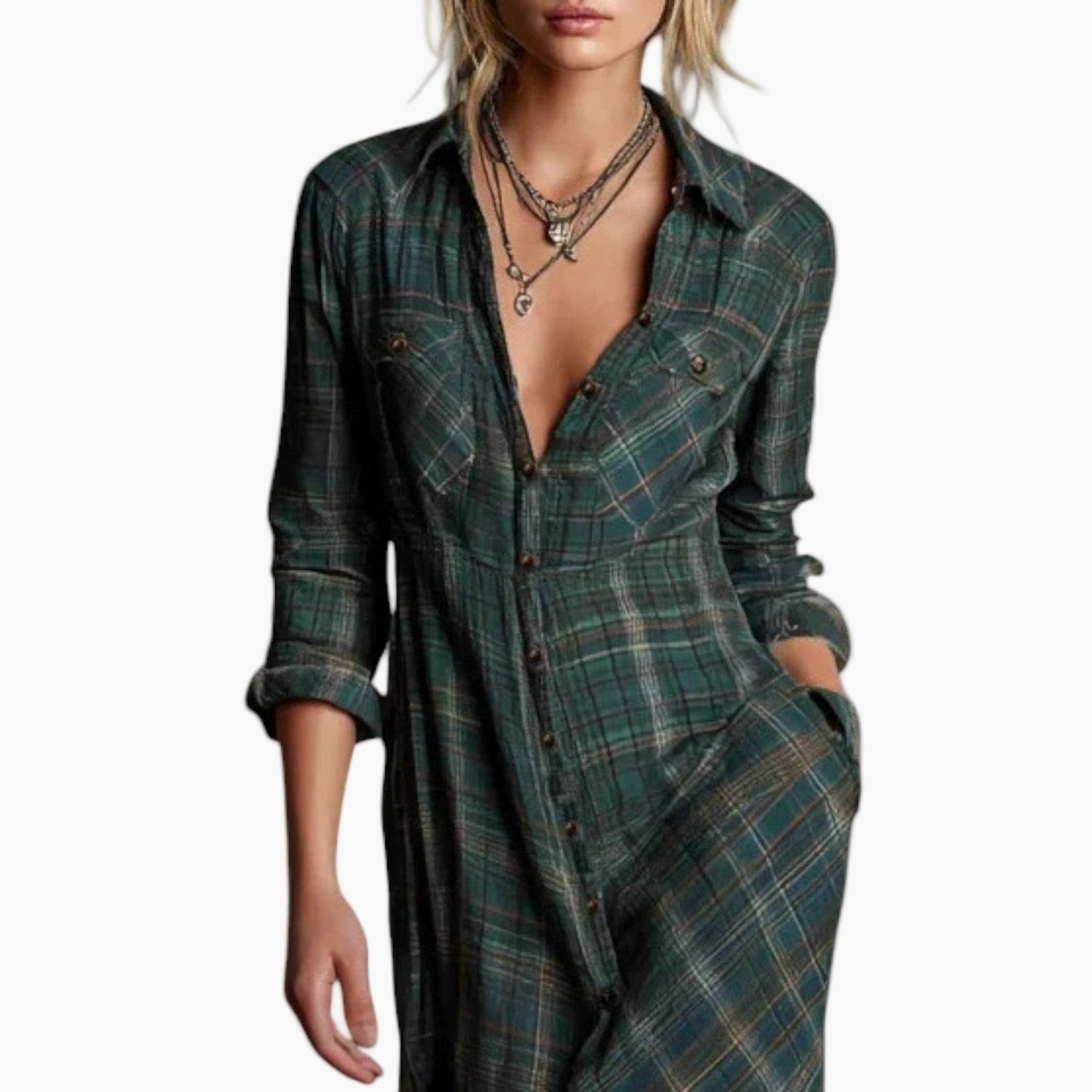 Lang western-inspireret skjortekjole til kvinder – Afslappet og elegant stil