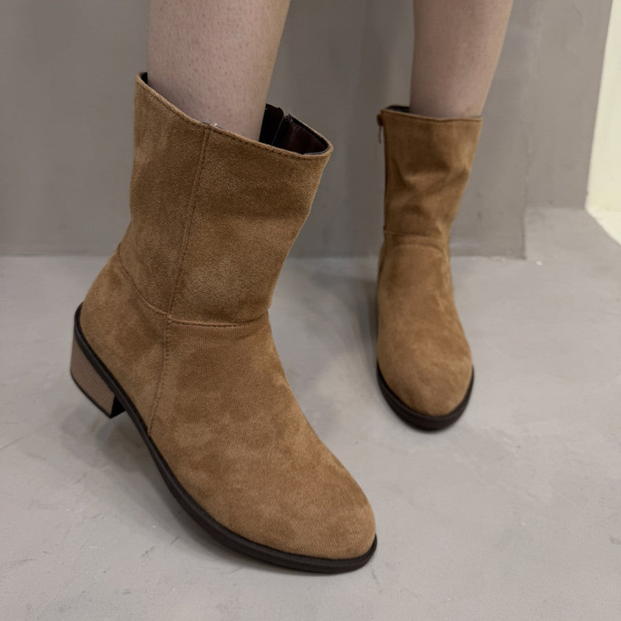 Bruine damesenkellaarsjes met suède-look en brede hak