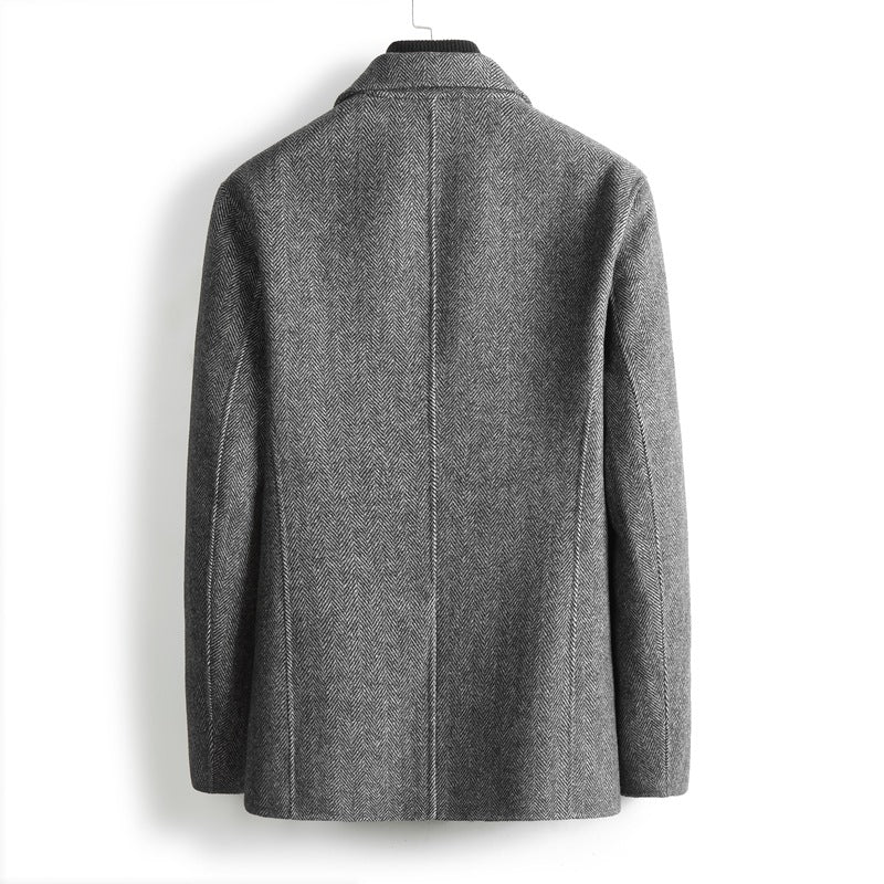 Men's Short Mid-Season Jacket in Textured Fabric with Notched Lapels and Patch Pockets