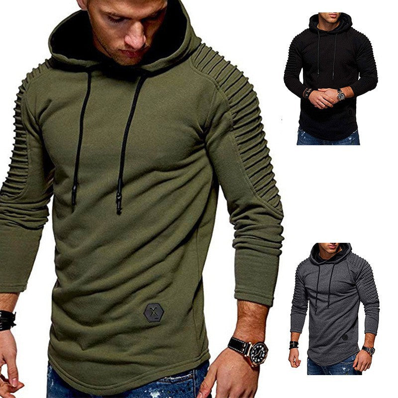Herenhoodie met lange geplooide mouwen en afgeronde zoom - olijfgroen