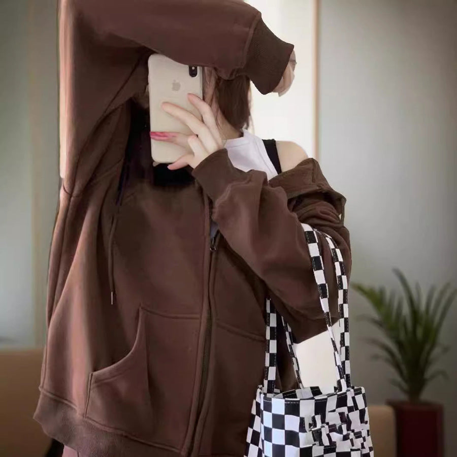 Sudadera lisa con capucha y cremallera, manga larga, estilo informal para mujer