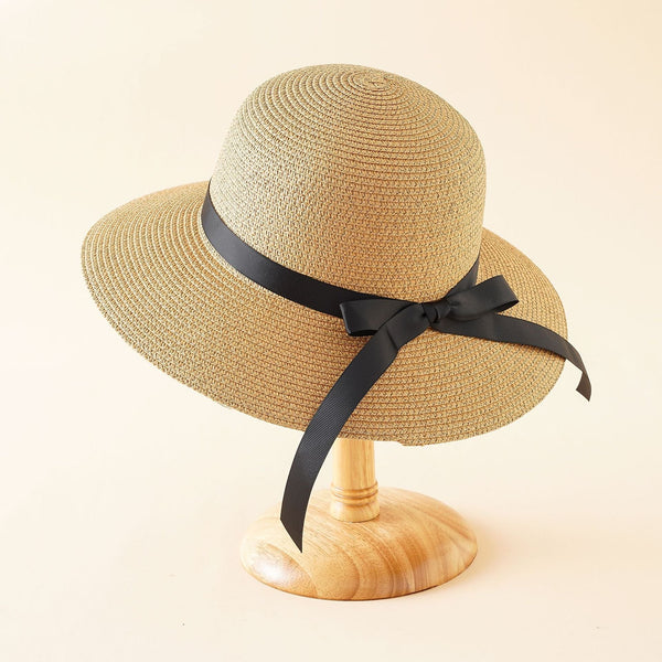 Sombrero de sol trenzado de ala ancha con lazo negro para mujer