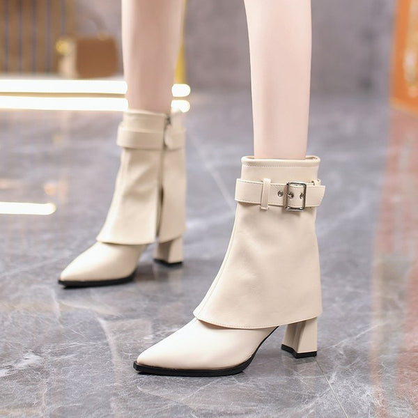 Women's Beige Ankle Boots with Square Heel and Decorative Buckle