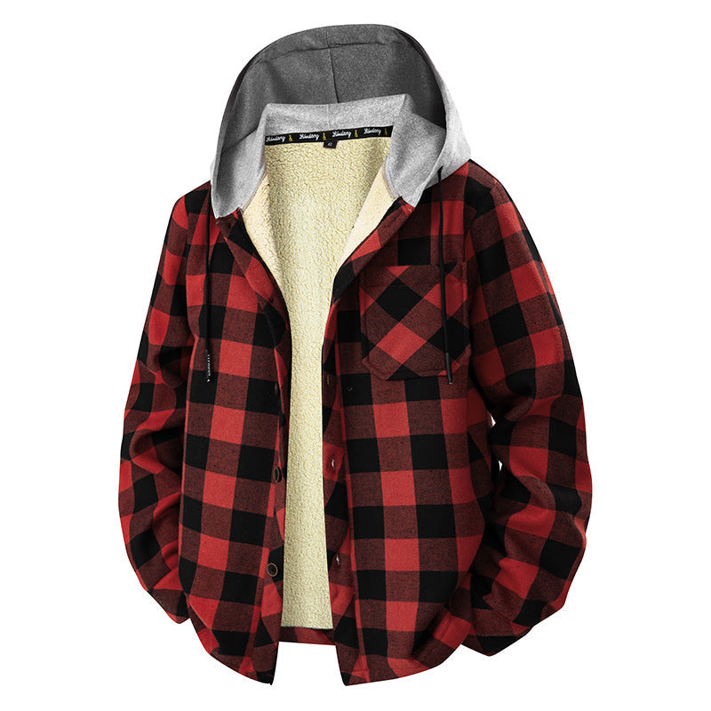 Men's plaid fleece-lined overshirt with hood - Black and Gray