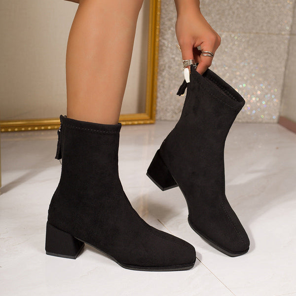 Women's Black Ankle Boots with Block Heels and Soft Fabric Back Zipper