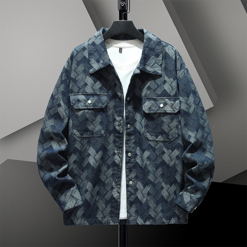 Blå overshirt för herr med geometriskt mönster och långa ärmar