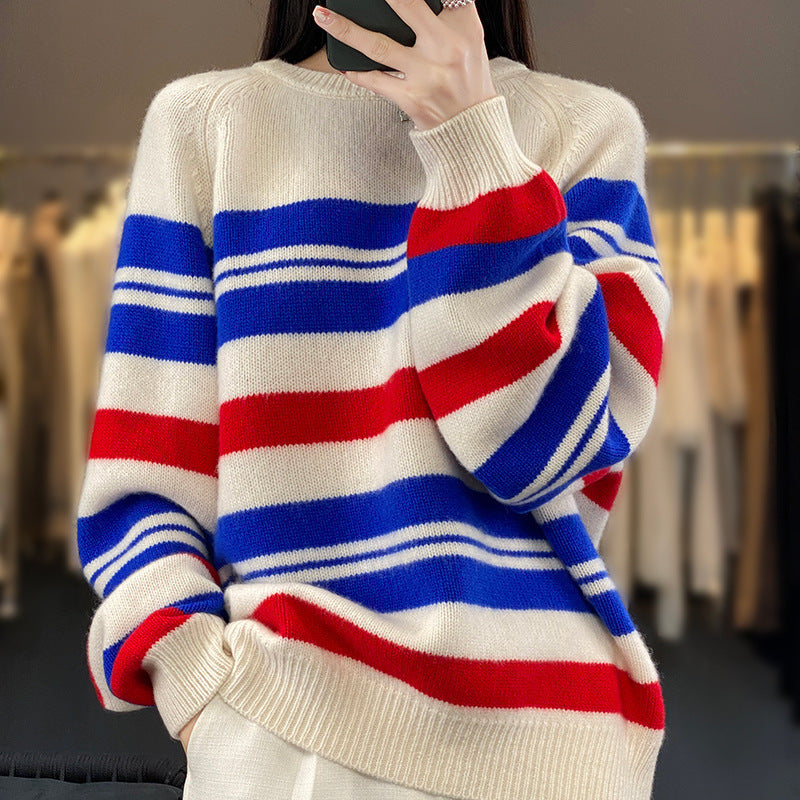 Long-sleeve striped crew-neck sweater in cream, red, and blue