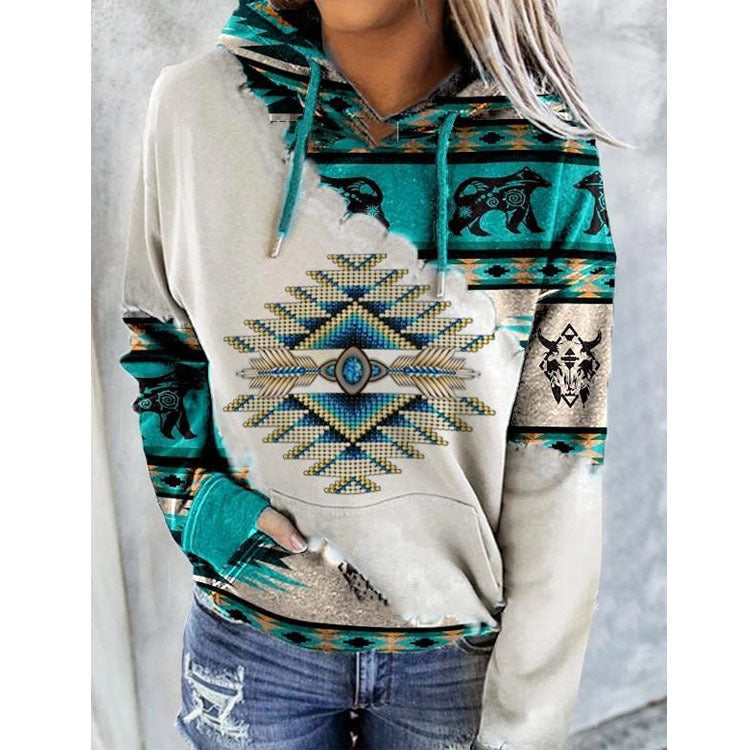 Sweat à Capuche Femme Motif Ethnique Géométrique Manches Longues