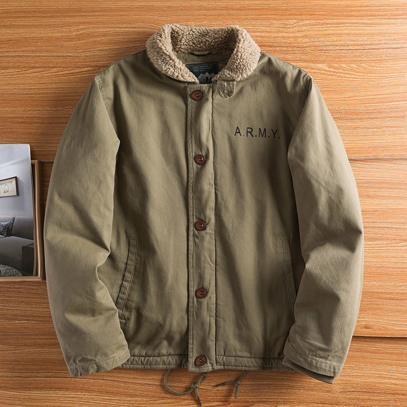Herrenjacke mit Lammfelloptik am gefütterten Kragen, Knöpfen, Braun und den Buchstaben "A.R.M.Y."