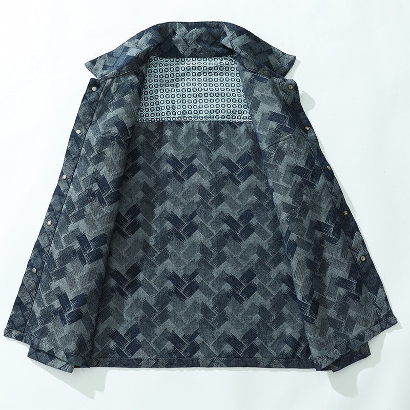 Blå overshirt för herr med geometriskt mönster och långa ärmar