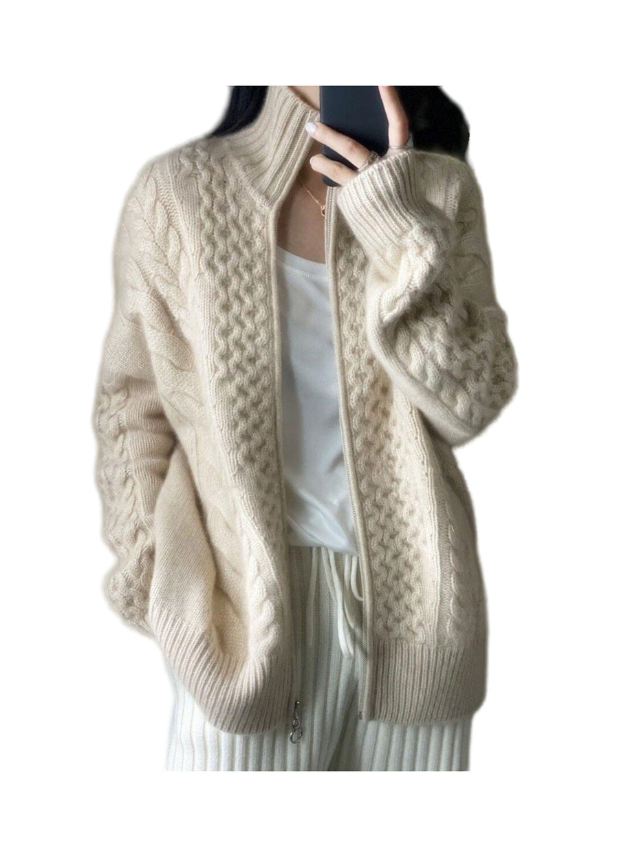 Women's Textured Knit Zip Cardigan with Stand-Up Collar