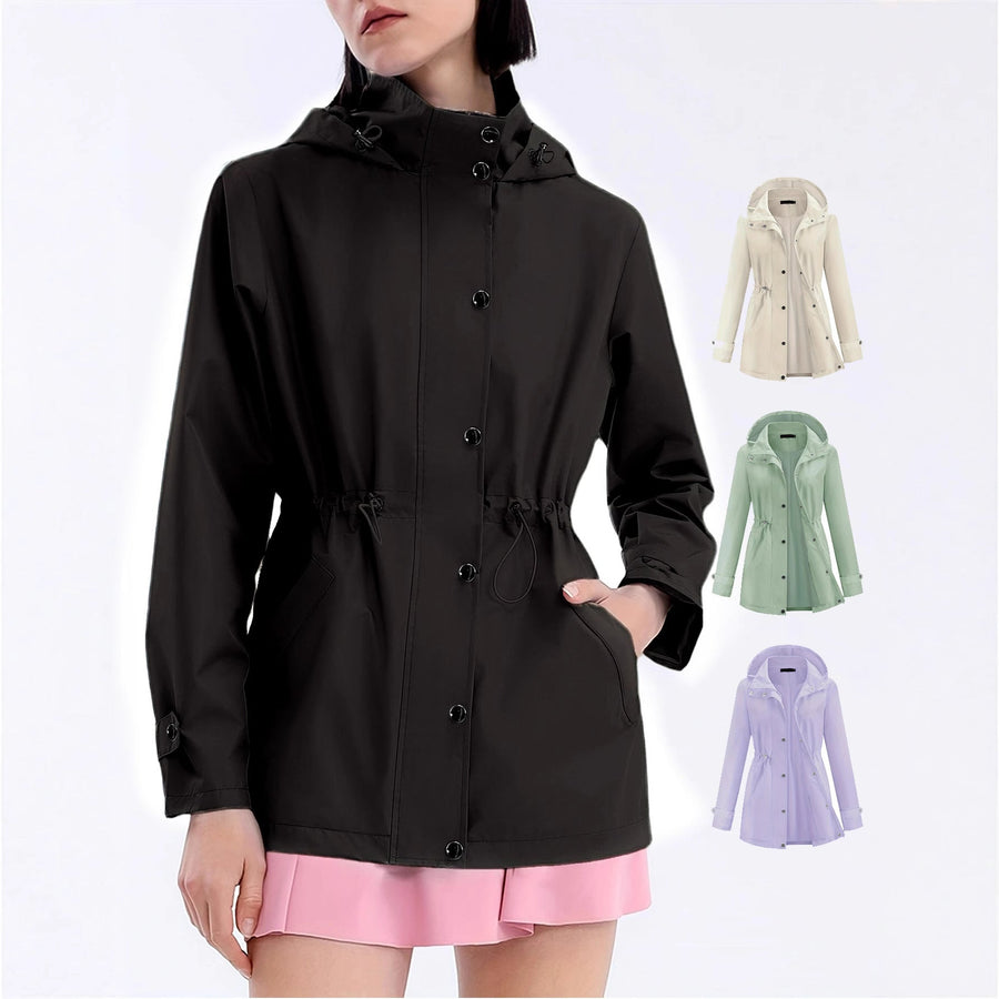 Women's Lightweight Hooded Parka with Waist Drawstring, Black
