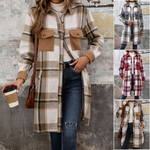 Giacca lunga da donna a quadri, stile camicia, con tasche sul petto