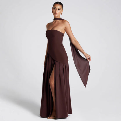 Robe de soirée élégante femme style bustier fluide fendue, idéale événements et cocktails