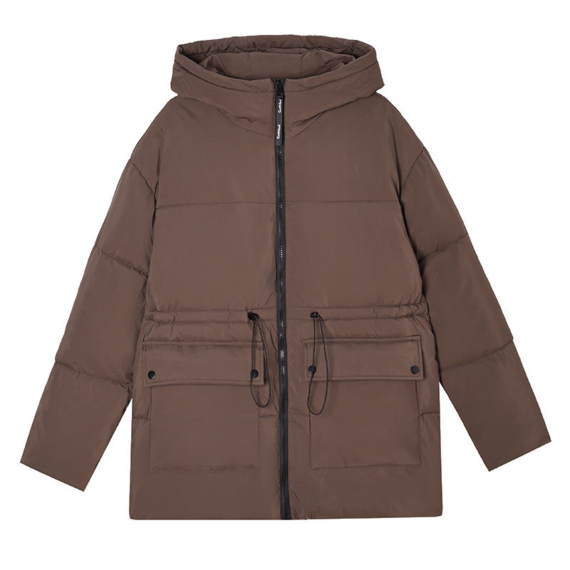 Women's mid-length quilted puffer jacket with hood and drawstring