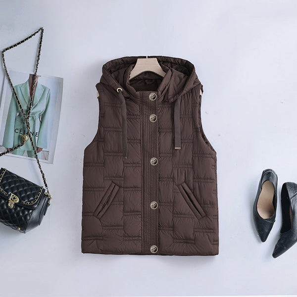 Gilet trapuntato da donna con cappuccio, piumino smanicato imbottito