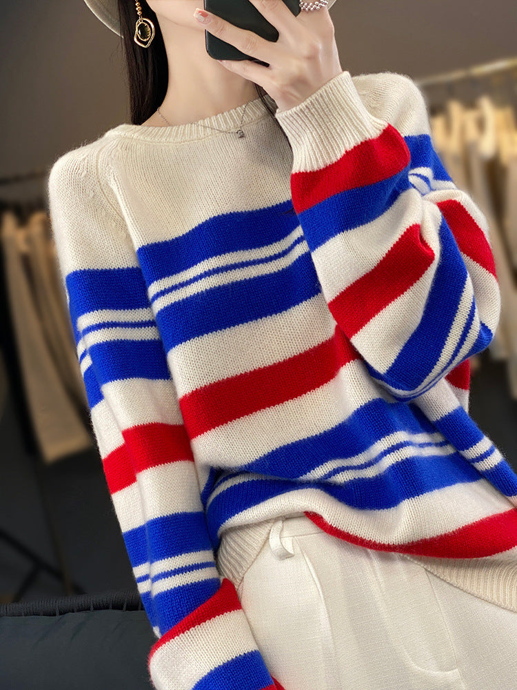 Long-sleeve striped crew-neck sweater in cream, red, and blue