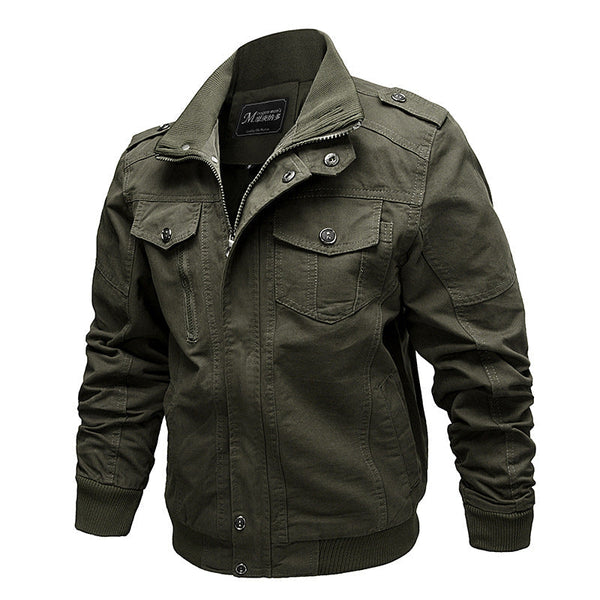 Men's solid-color military-style bomber jacket with high collar