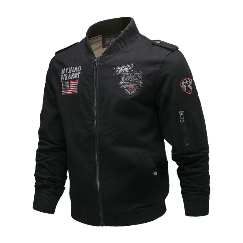 Blouson Bomber Homme Militaire Patches Col Montant Beige