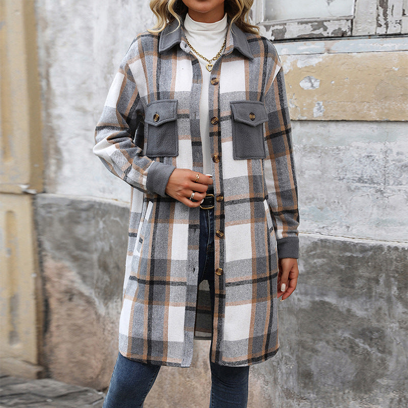 Veste longue Femme à carreaux style chemise avec poches poitrine