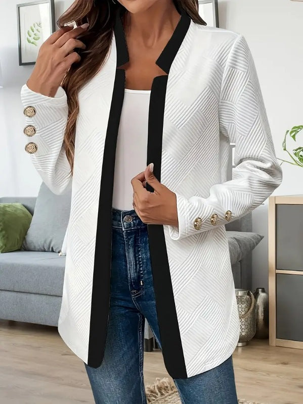 Elegante zweifarbige lange Damenjacke ohne Verschluss mit Stehkragen und dekorativen goldenen Knöpfen