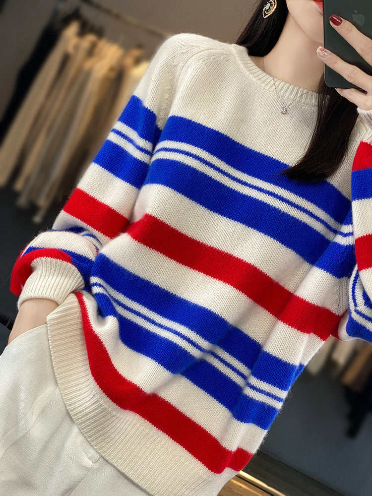 Long-sleeve striped crew-neck sweater in cream, red, and blue