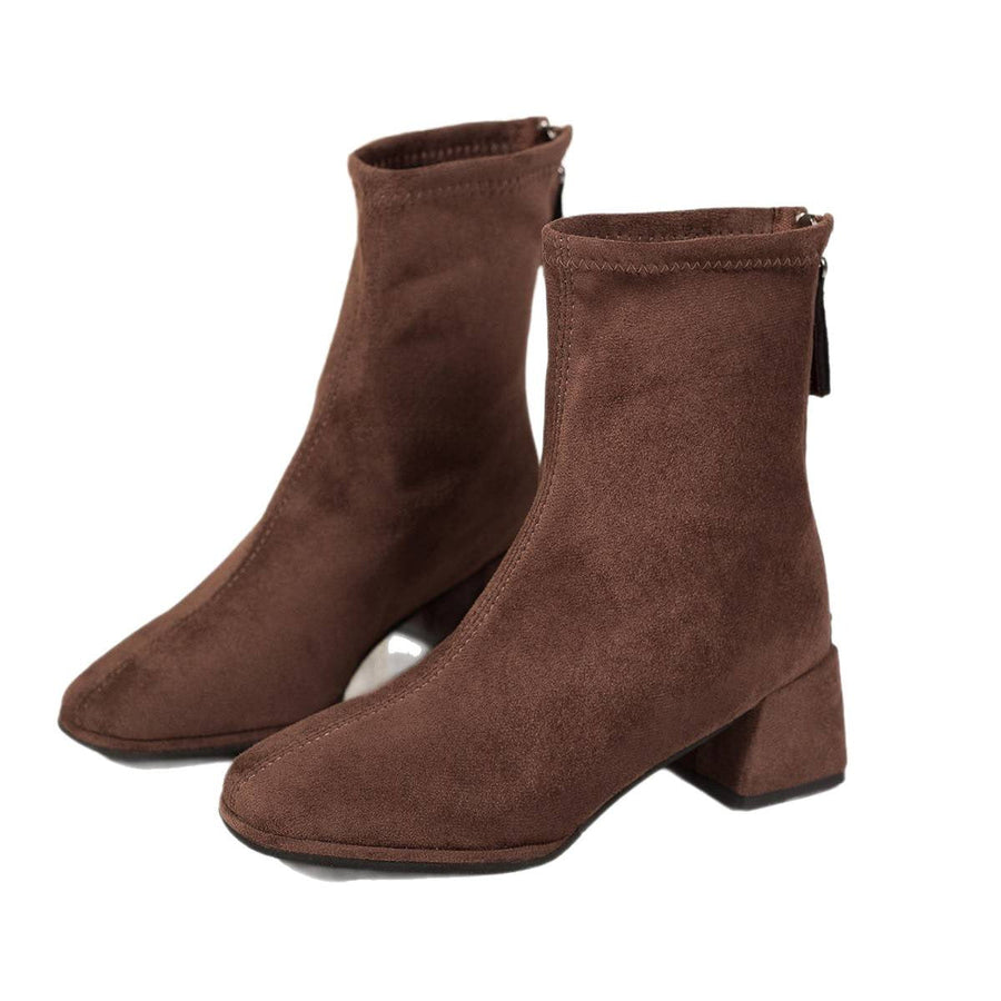 Women's Black Ankle Boots with Block Heels and Soft Fabric Back Zipper