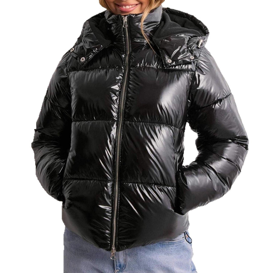 Glänzende gesteppte Damenjacke mit Kapuze und Reißverschluss - Bordeaux, Schwarz, Khaki