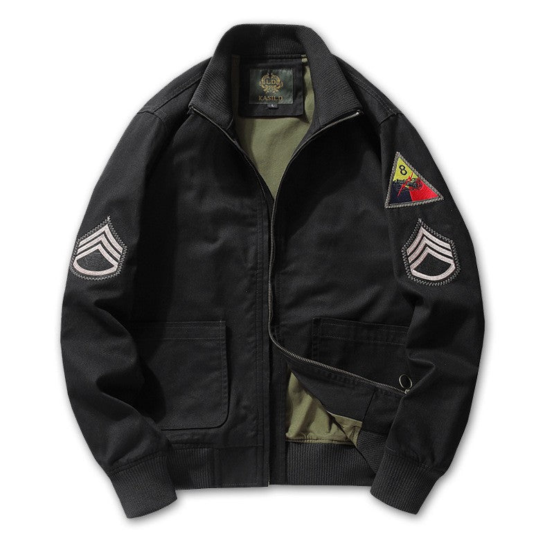 Men's Bomber-Style Jacket with Stand Collar and Decorative Patches