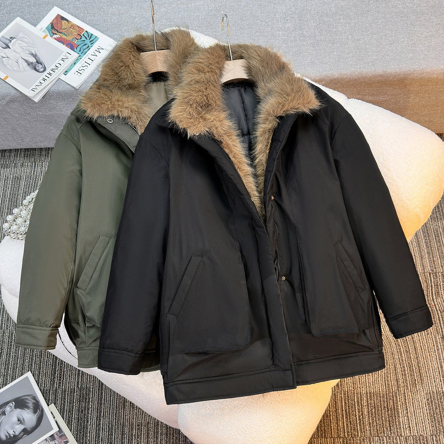 Steppjacke mit Kunstpelzkragen in Khaki oder Schwarz