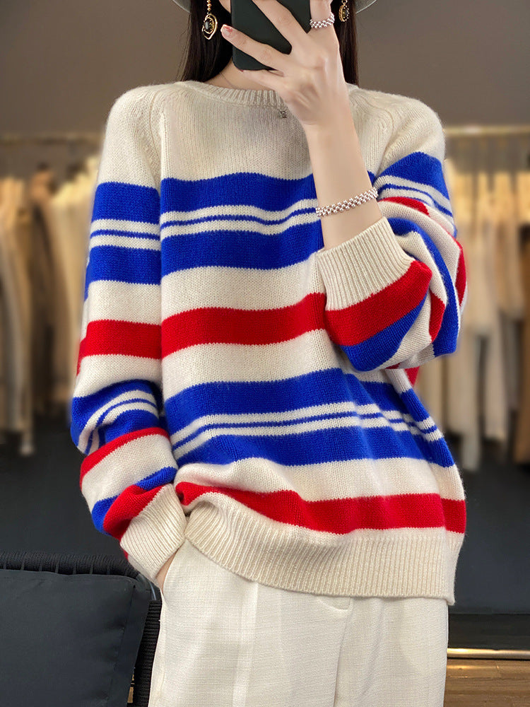 Long-sleeve striped crew-neck sweater in cream, red, and blue
