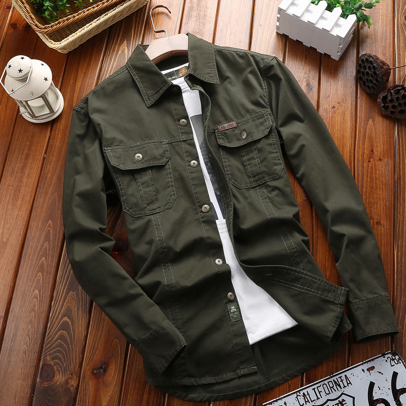 Camisa de hombre de manga larga, corte recto, estilo cargo, con dos bolsillos con solapa