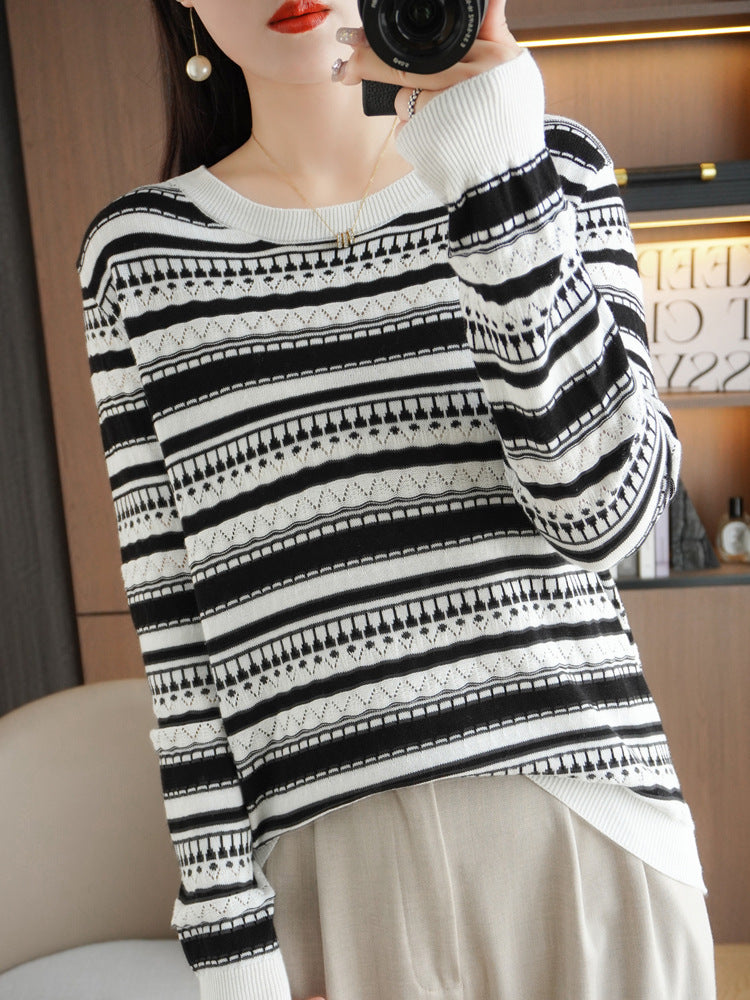 Women's lightweight open-knit striped sweater in black and white
