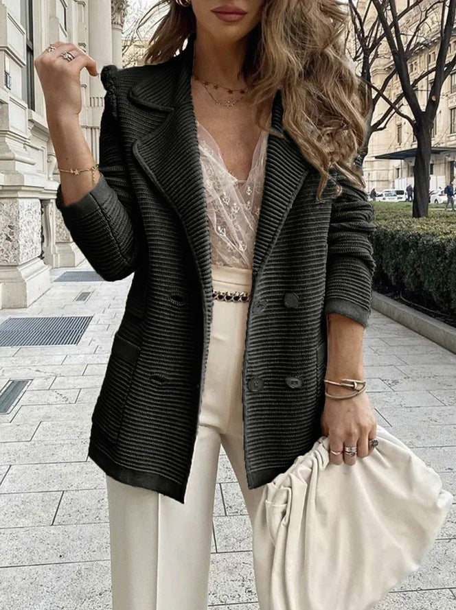 Women's Corduroy Blazer with Gold Buttons, Notched Lapels and Long Sleeves