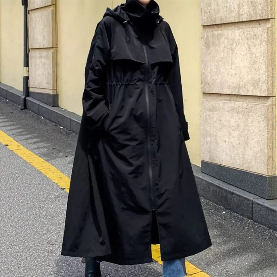 Long black hooded coat with a waist drawstring, casual style