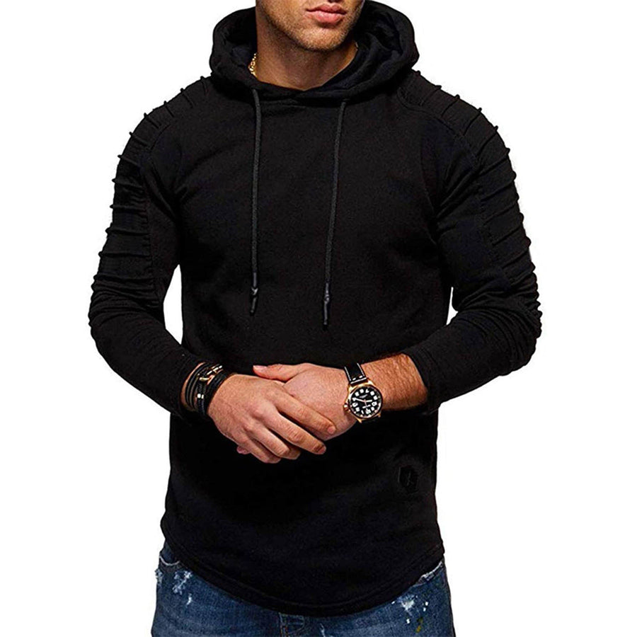 Herenhoodie met lange geplooide mouwen en afgeronde zoom - olijfgroen